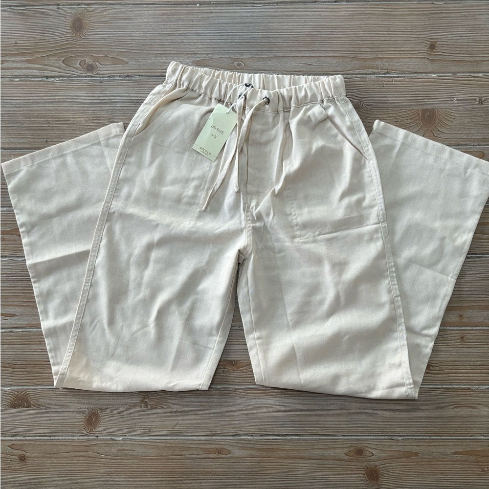 NEW Cream wide leg linen trousers with drawstring waist